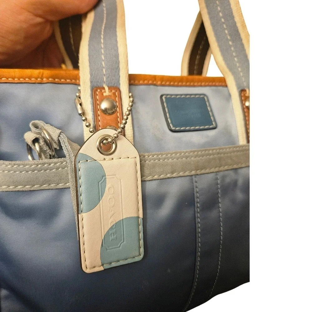 Coach Blue Nylon Leather Trimmed Satchel Handbag Designer Purse